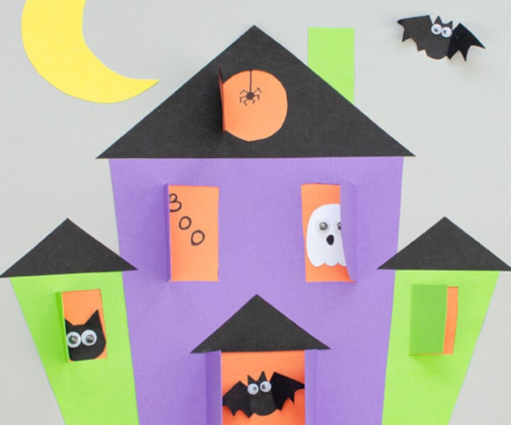 Halloween idea for kids featuring paper haunted house