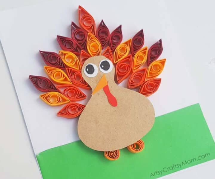 fun kid craft for thanksgiving featuring a quilled paper turkey