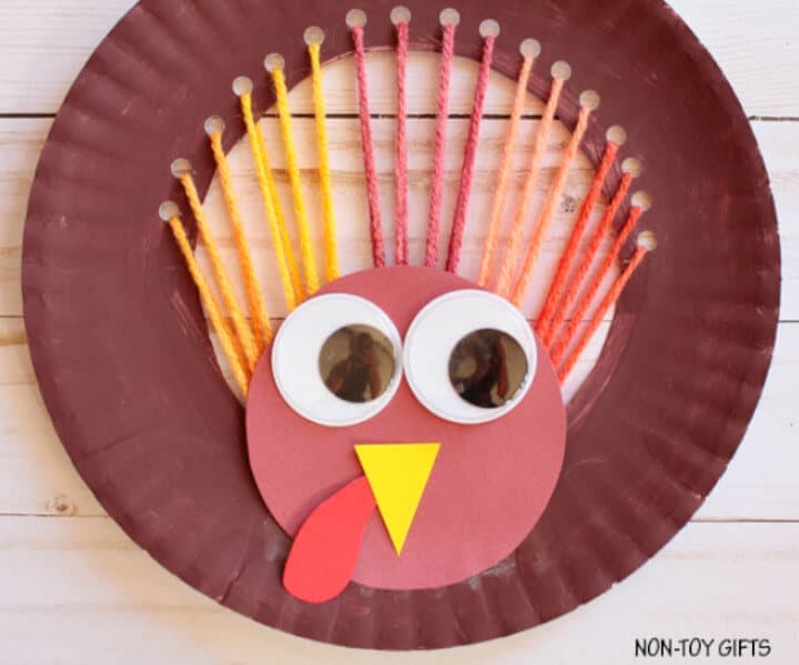 Turkey craft for kids made with paper plates and yarn