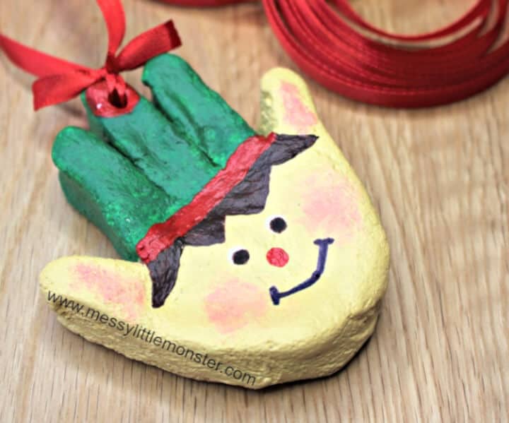 Elves Christmas craft for kids made using salt dough and handprint