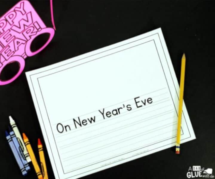 writing prompt activity for new years eve printable on a black background featuring pink glasses and yellow pencils