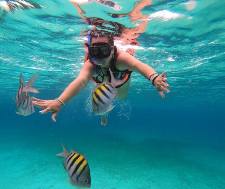 Kunde beim Schnorcheln im klaren Wasser der Qulaan Inseln beim Malediven Insel Ägypten Ausflugs ab Marsa Alam im Roten Meer