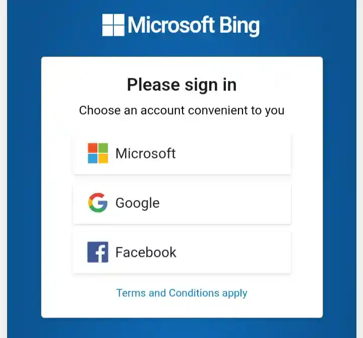 Microsoft Bing log-in screen