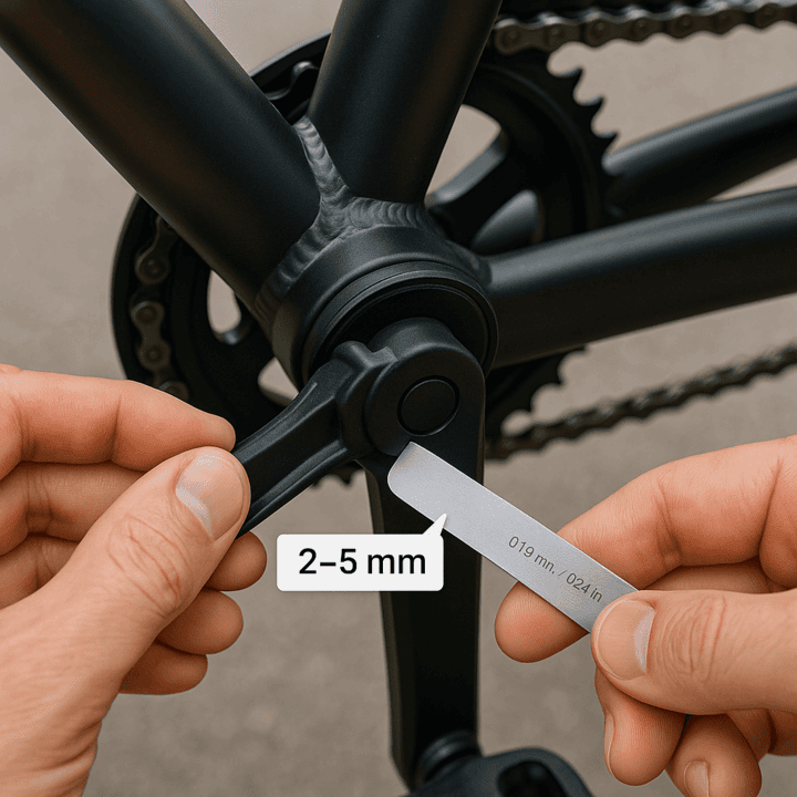Technician measuring the 2–5 mm gap between the PAS sensor head and magnet ring on an electric bike crank using a feeler gauge.