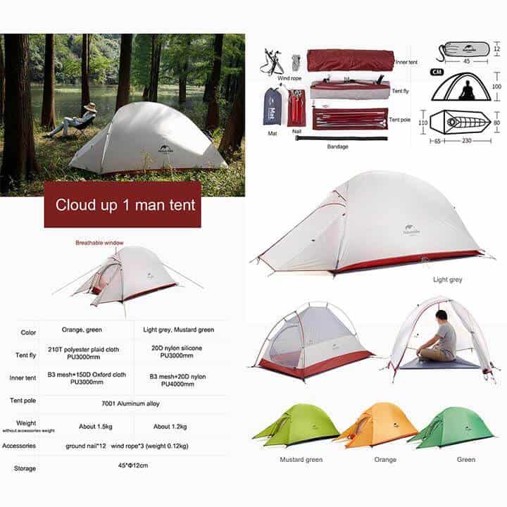 Stats and description of 1 person Naturehike cloud up tent
