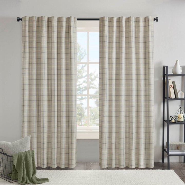 Madison Park Anaheim Plaid Rod Pocket and Back Tab Curtain Panel with Fleece Lining in linen blue, 50x95" MP40-8736