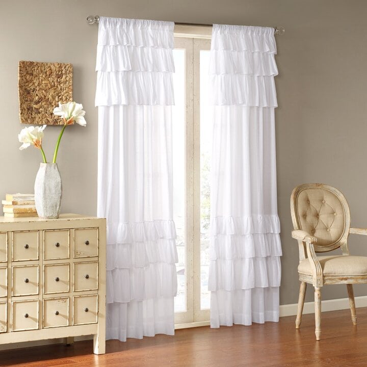 Madison Park Anna Cotton Oversized Ruffle Curtain Panel in White, 50x63" MP40-3624