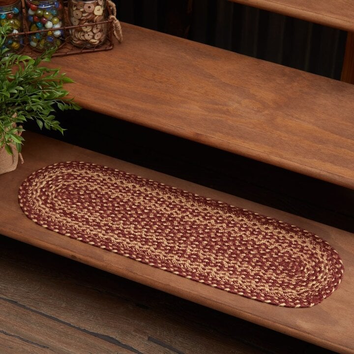 Burgundy Tan Jute Stair Tread Oval Latex 8.5x27