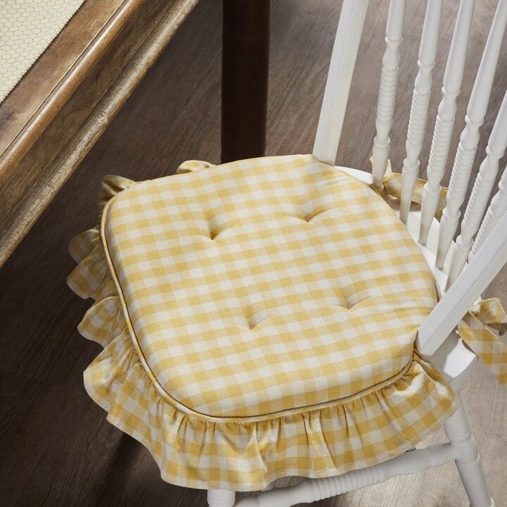 Golden Honey Yellow Ruffled Check Vintage Chic Chair Pad 15.5x17 - VHC Brands