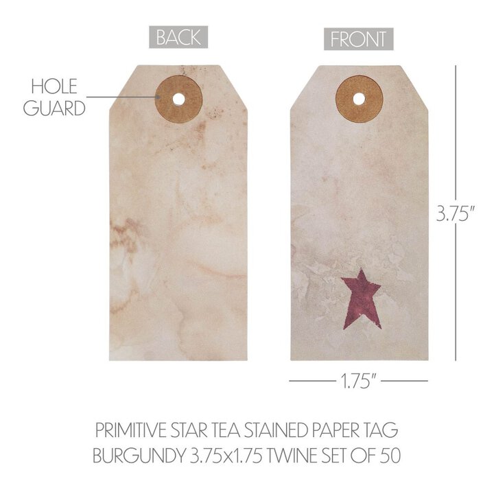 Primitive Star Tea Stained Paper Tag Burgundy 3.75x1.75 w/ Twine Set of 50 - Image 4