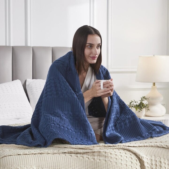 VHC Brands Waffle Weave Navy Blue Throw, 50x60 - Decorative Cotton Blanket for Farmhouse & Boho Bedroom/Living Room Decor - Image 2