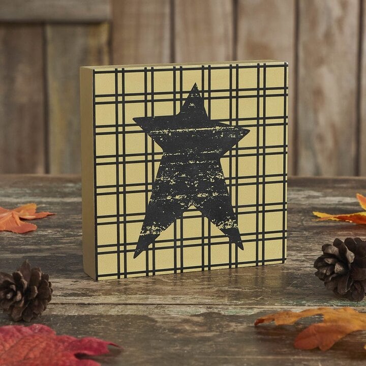 Primitive Black Star MDF Wood Sign Rustic Farmhouse Tan Wall Decor 5x5 Inch