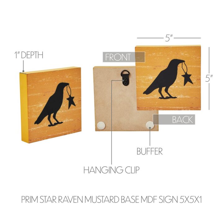 Prim Star Primitive Farmhouse Raven Crow Wall Decor Sign Mustard MDF 5x5 Inch - Image 5