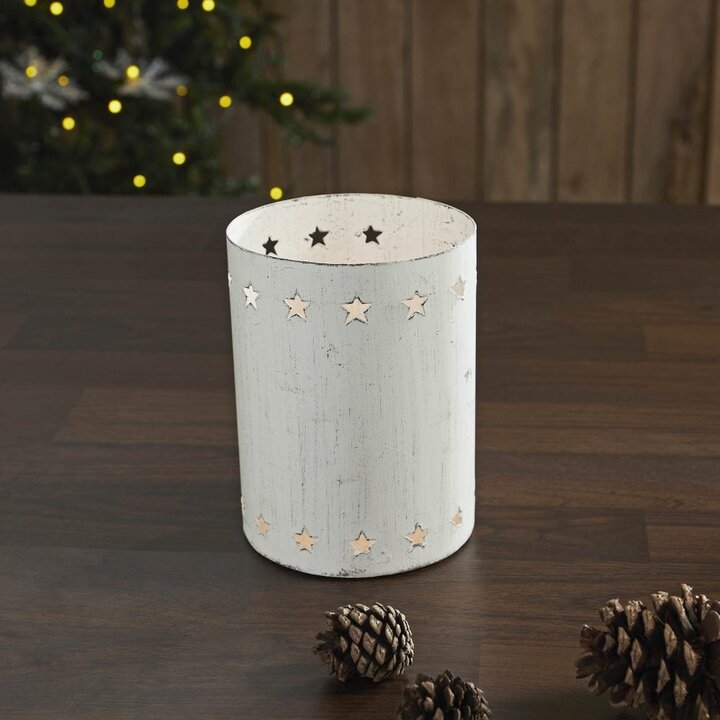 Star Border Distressed White Metal Candle Holder 6x4.25x4.25