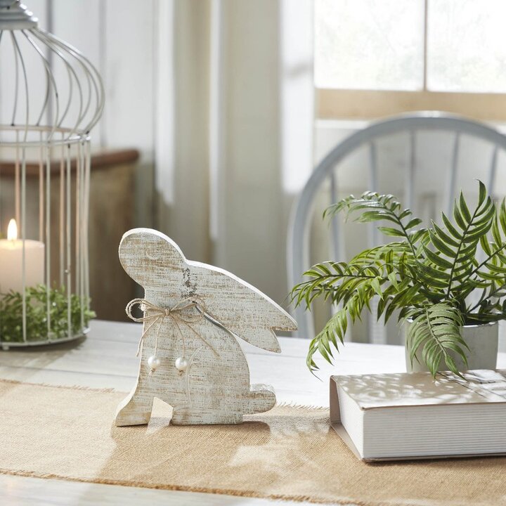 Bunny Hop Natural Wooden Sitting Bunny Looking Up - Pearl Bead Collar Easter Shelf Decor - 8x7.5x1.5