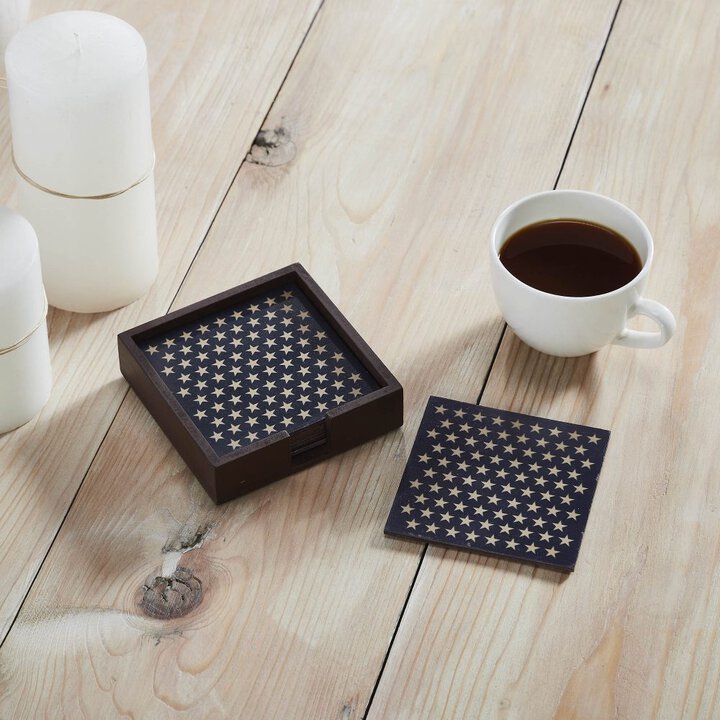 White Stars On Navy MDF Coaster w/ Container Set of 6 4x4 - Image 2