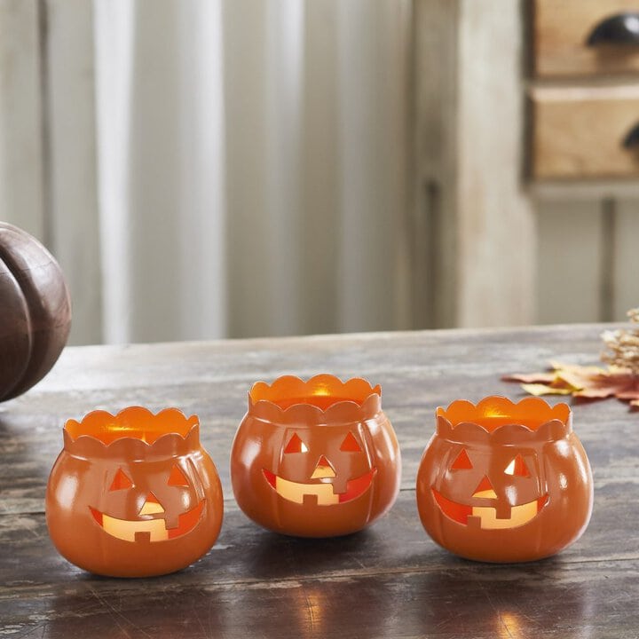 Halloween Jack O Lantern Pumpkin Votive & Tealight Candle Holders (Set of 3) Orange Fall Tabletop Decor 3.5
