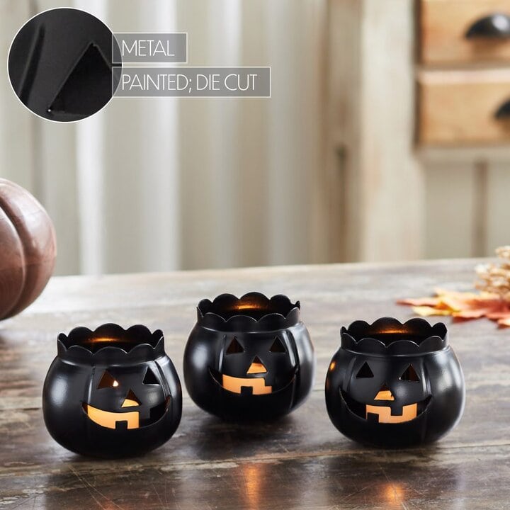 Halloween Black Jack O Lantern Candle Holder Set of 3 Spooky Pumpkin Tabletop Votive & Tea Light Decor, 3.5inch - Image 6
