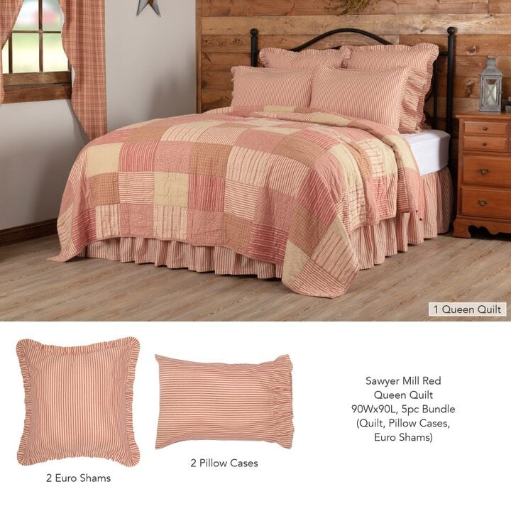 Sawyer Mill Red Queen Quilt 90Wx90L 5pc Bundle (Quilt, Pillow Cases, Euro Shams)