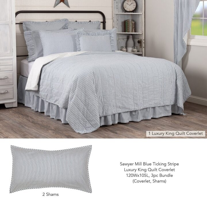 Sawyer Mill Blue Ticking Stripe Luxury King Quilt Coverlet 120Wx105L 3pc Bundle (Coverlet, Shams)