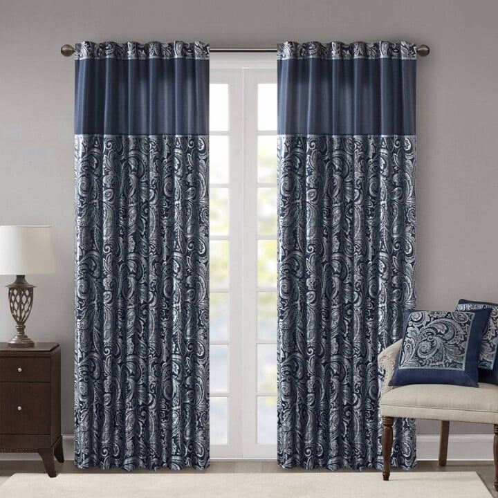 Madison Park Aubrey Jacquard Curtain Panel Pair in Navy, 50x84" MP40-4896