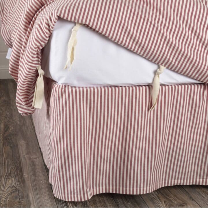 Farmhouse Ticking Red King Bed Skirt 80Lx78Wx16