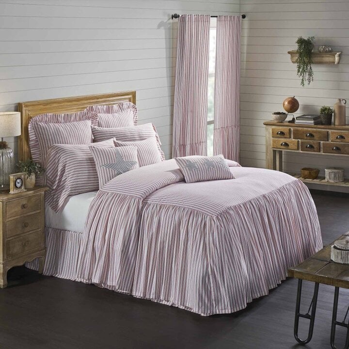 Timeless Ticking Red Ruffled California King Bedspread 84Lx72W+27