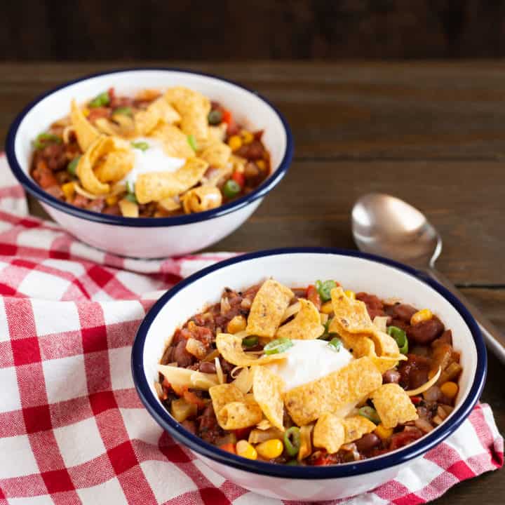 vegetarian chili topped with corn chips