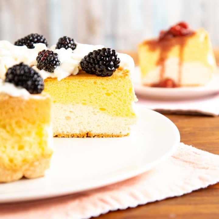 daffodil cake made in a tube pan with fresh fruit