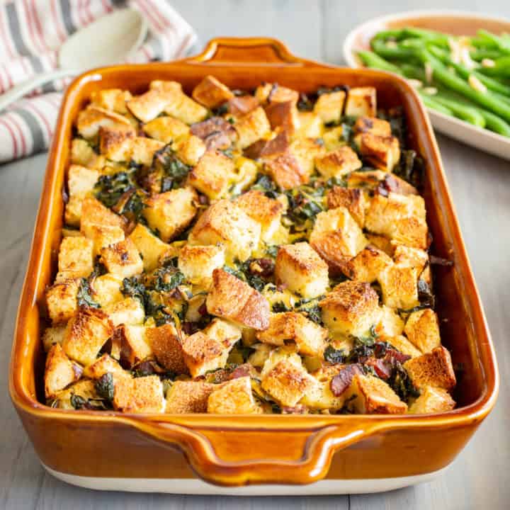kale leek and bacon bread pudding