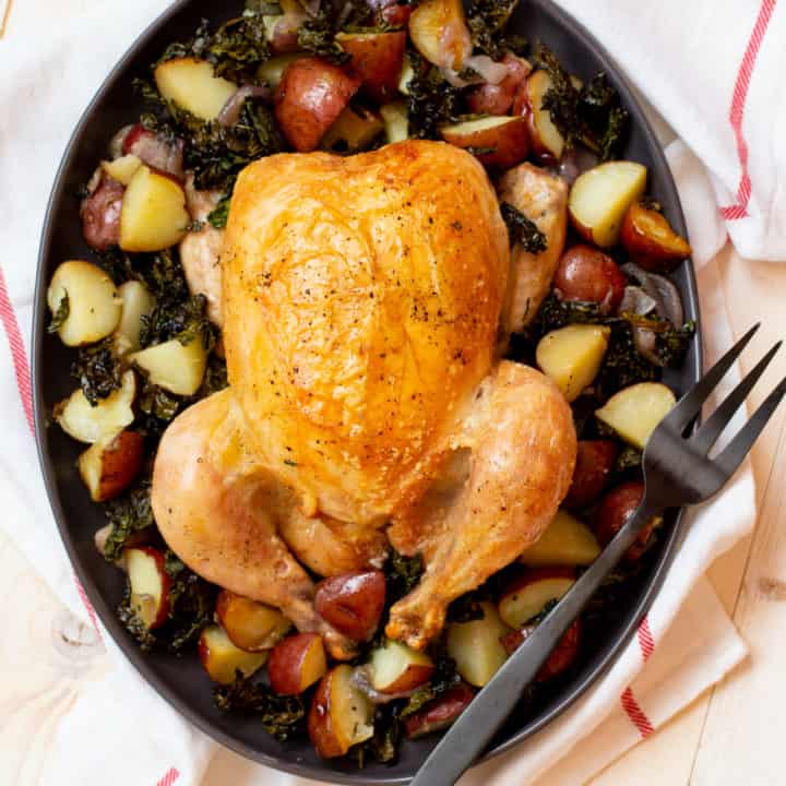 roast chicken with potatoes and kale