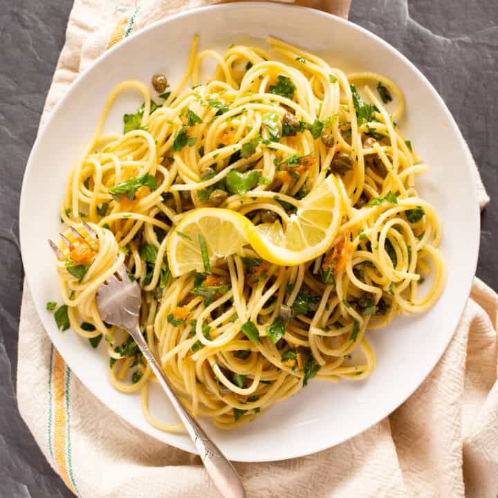 spaghetti with bottarga, lemon, capers and parsley