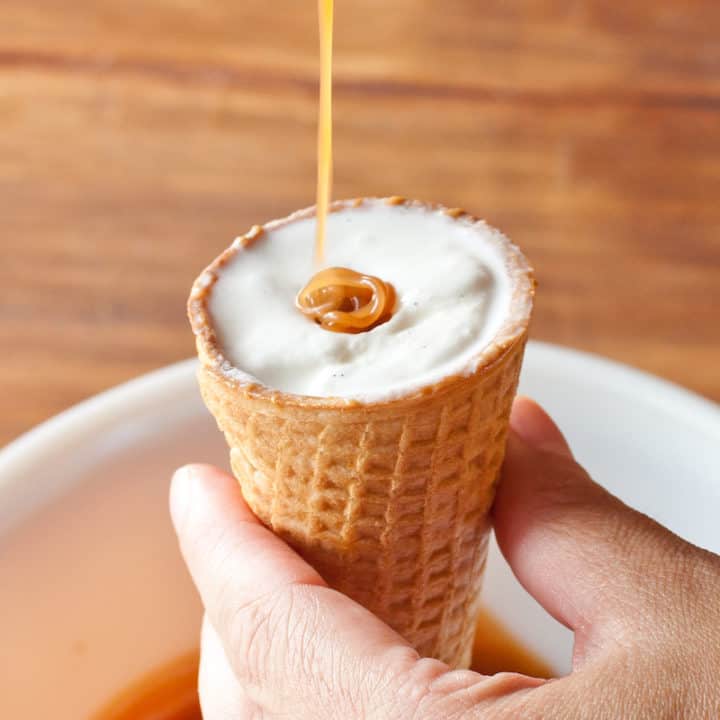 Homemade peanut butter caramel Drumstick cones topped with magic shell take the classic ice cream treat and turn it into something luxurious. #icecream #classicsnacksmadefromscratch