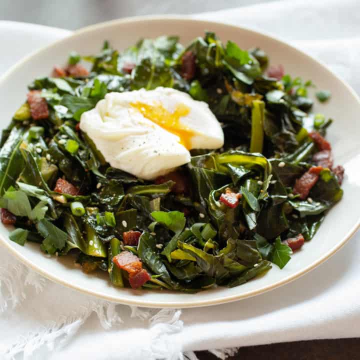 spiced collard greens with bacon and poached egg