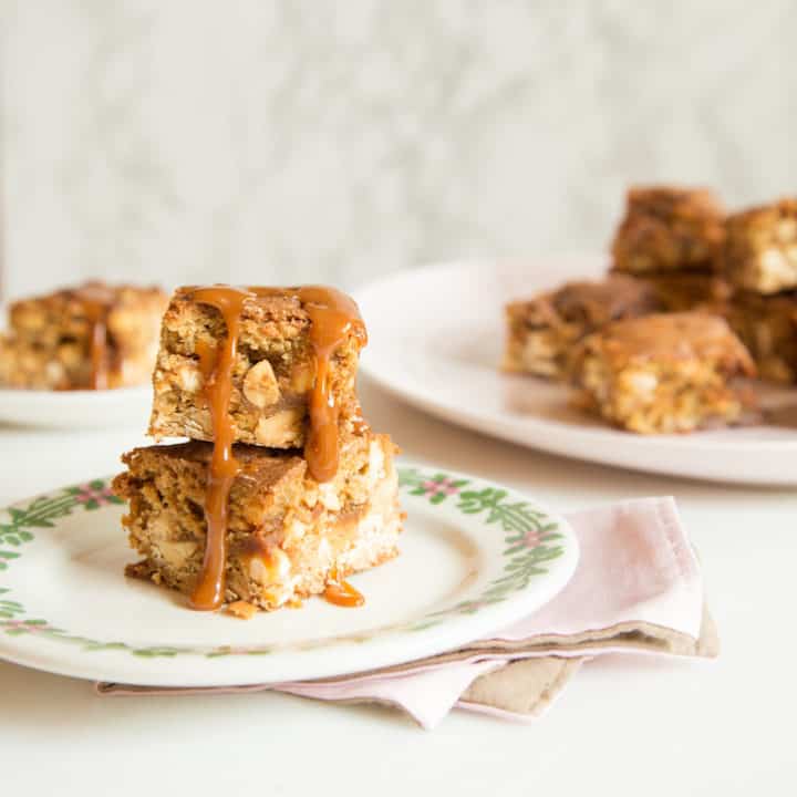 peanut caramel blondies with homemade peanut butter caramel, via www.www.goodfoodstories.com