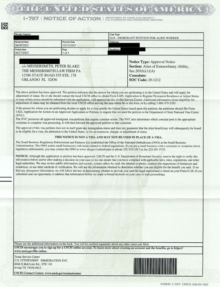 EB1A Extraordinary Ability Approval