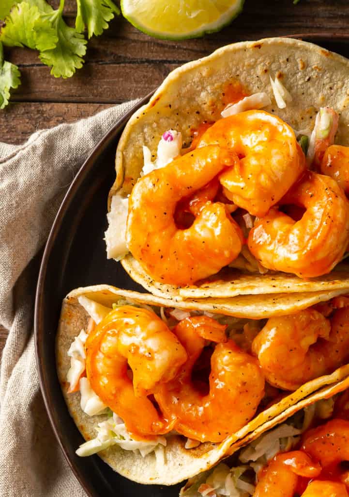 shrimp tacos with blue cheese slaw