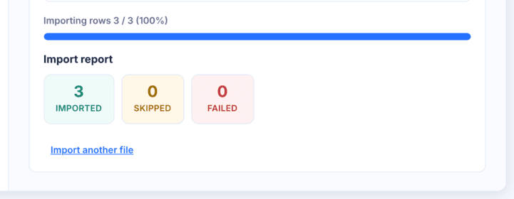 Import report in Ultimate Affiliate Pro after importing 3 affiliates, with 3 Imported, 0 Skipped and 0 Failed