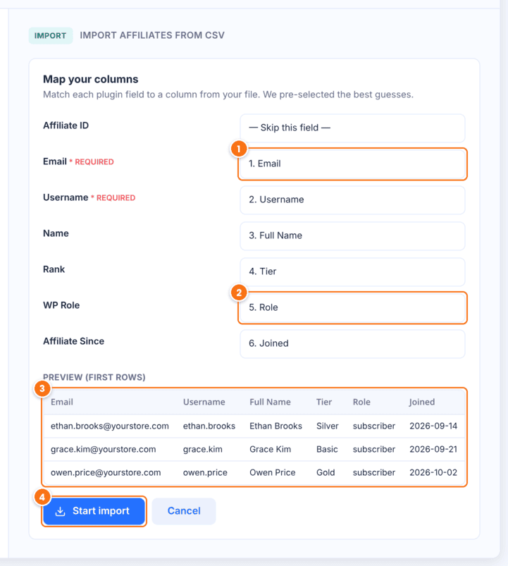 Map your columns panel in Ultimate Affiliate Pro with Email mapped to the Email column, WP Role mapped to the Role column, a preview of the first rows and the Start import button