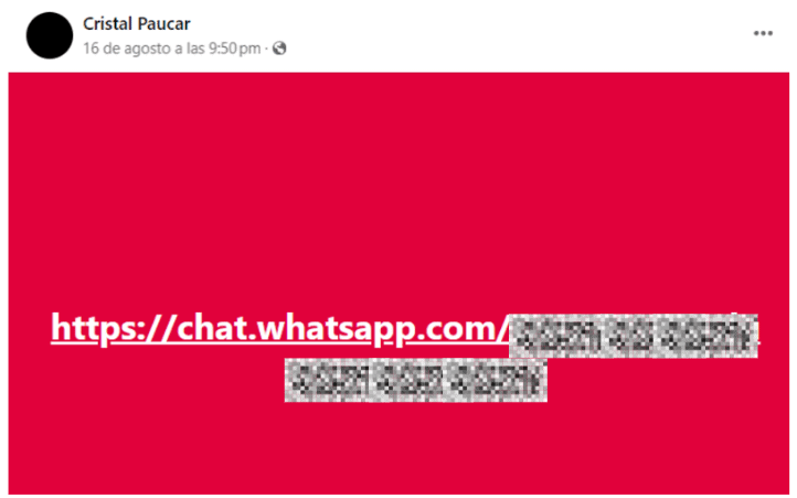 Cristal Paucar (CP), perfil falso, comparte un grupo de WhatsApp con material de abuso sexual infantil a través de un grupo de Facebook.