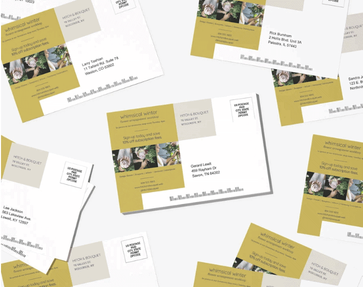 Scattered direct mailers with floral design. "Whimsical Winter Flower Arrangement Workshop" text visible.