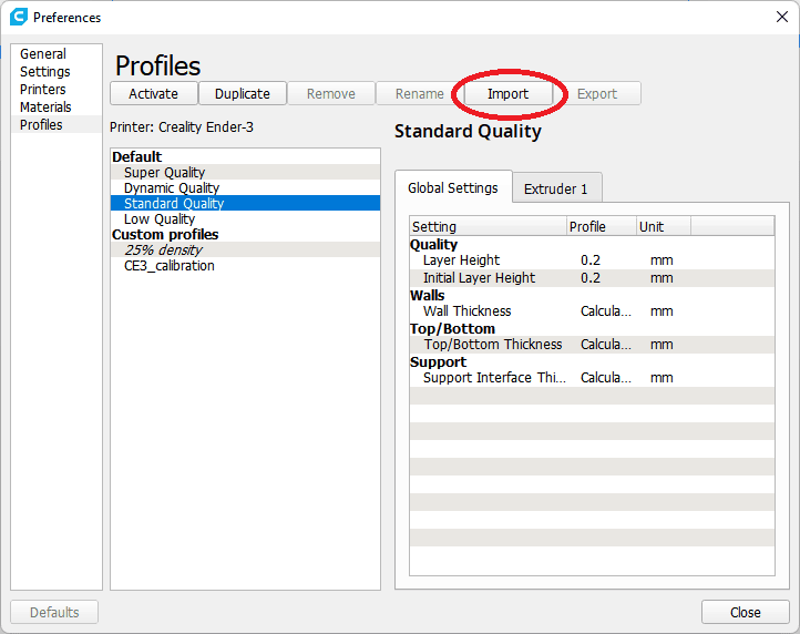 Cura Import Profile