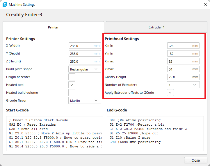 Cura Printhead Settings