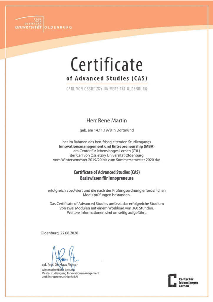 Certificate of Advanced Studies (CAS) von Rene Martin im Bereich Innovationsmanagement – Qualifikation für Digitales Gesundheitsmanagement bei Derevita X