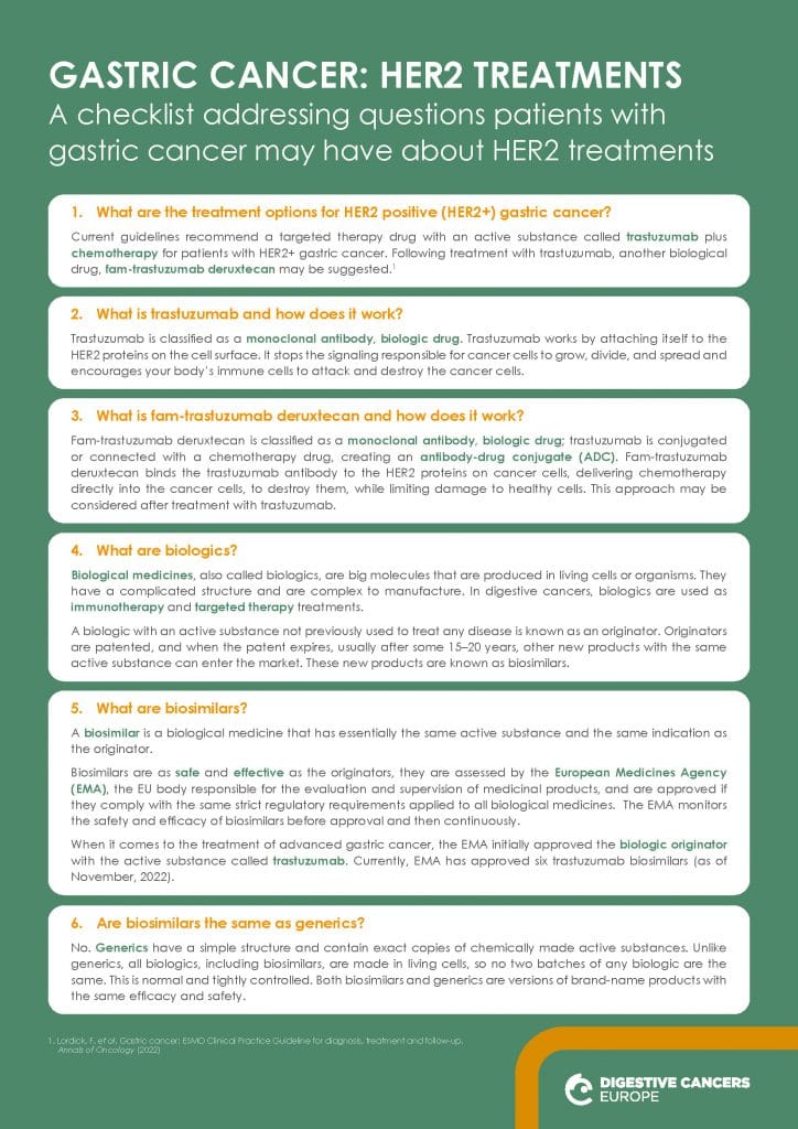 A checklist addressing questions patients with gastric cancer may have about HER2 treatments