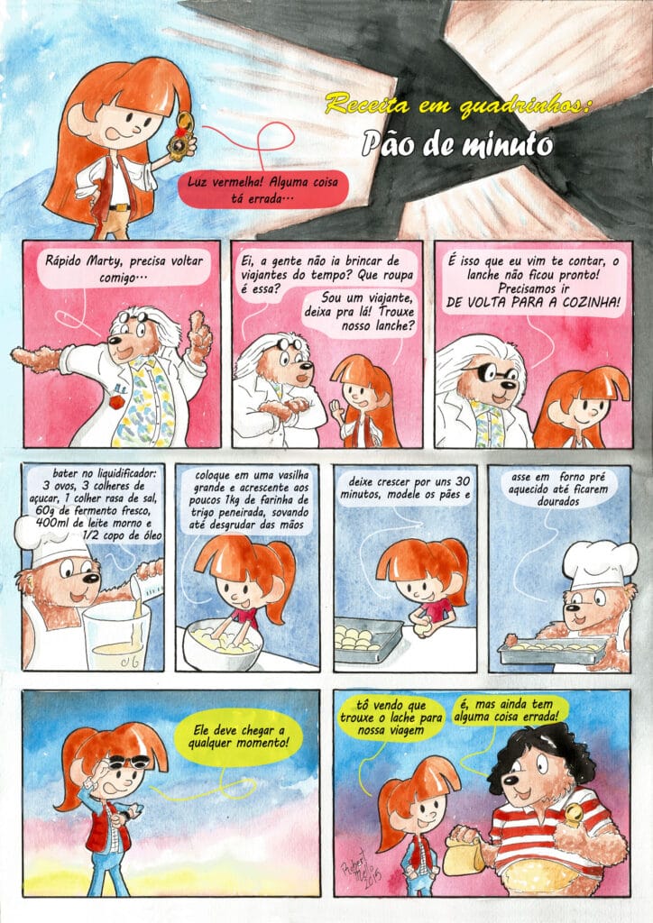 História em quadrinhos ensinando a fazer pão de minuto.