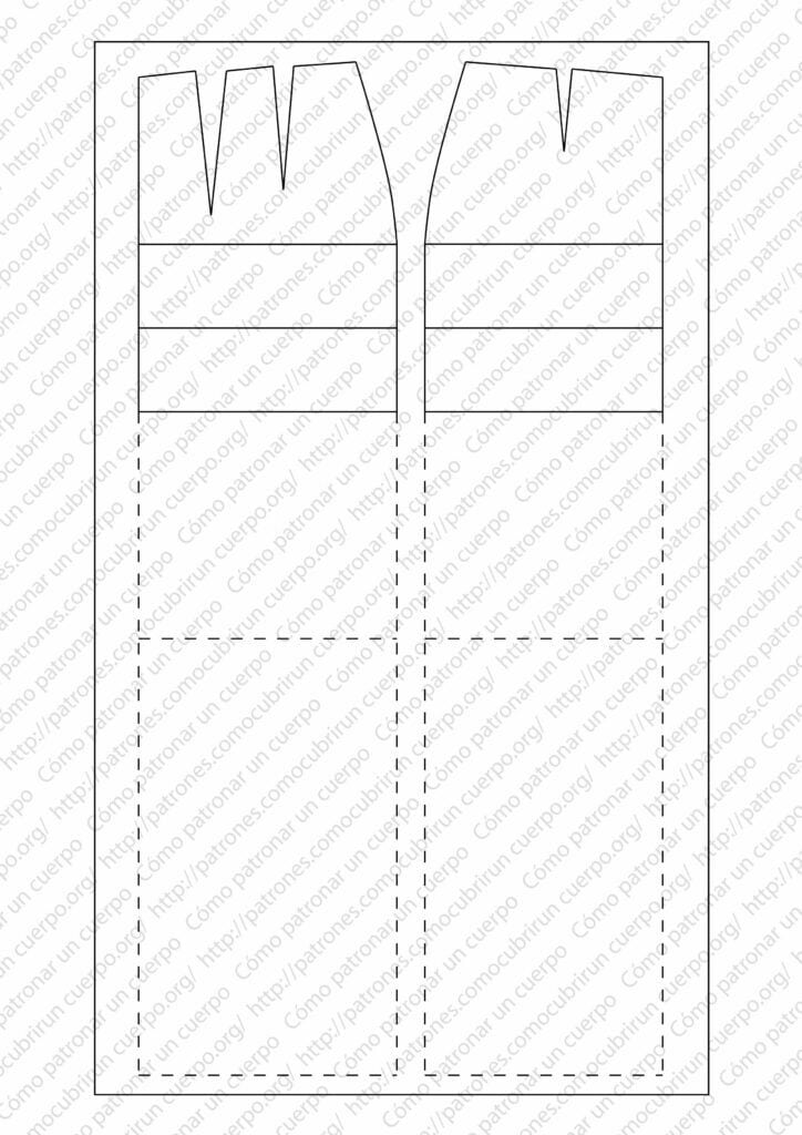 Patrón de falda recta con líneas guía de cadera, entrepierna y bajo, mostrando la proporción para definir el largo sin entallar