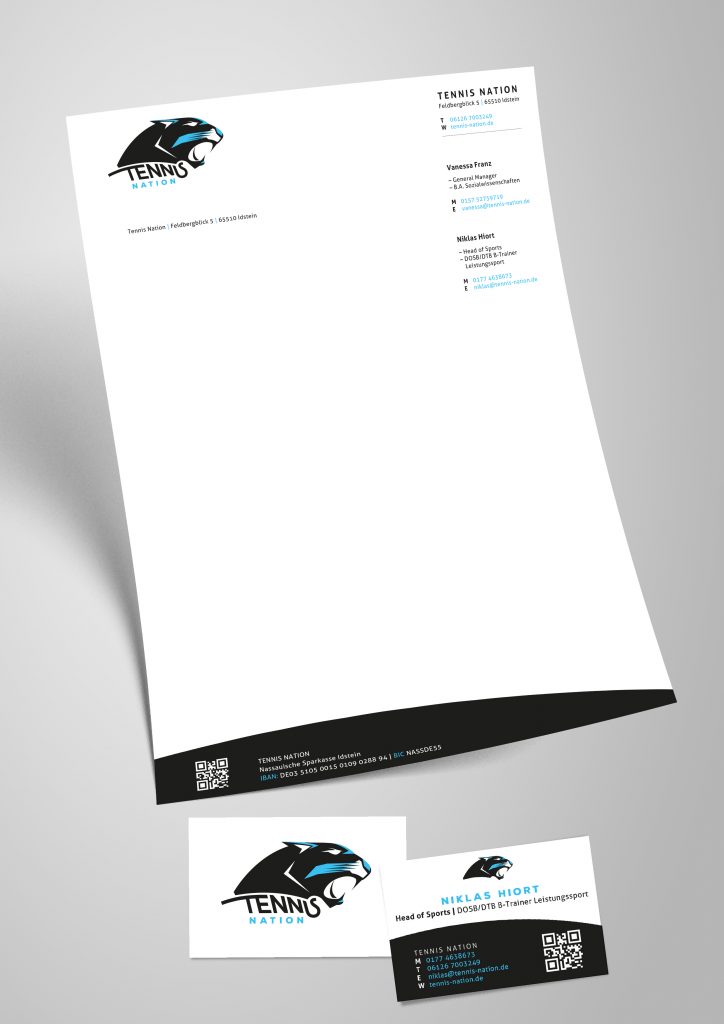 Logo auf Briefpapier und Visitenkarten Tennis Nation