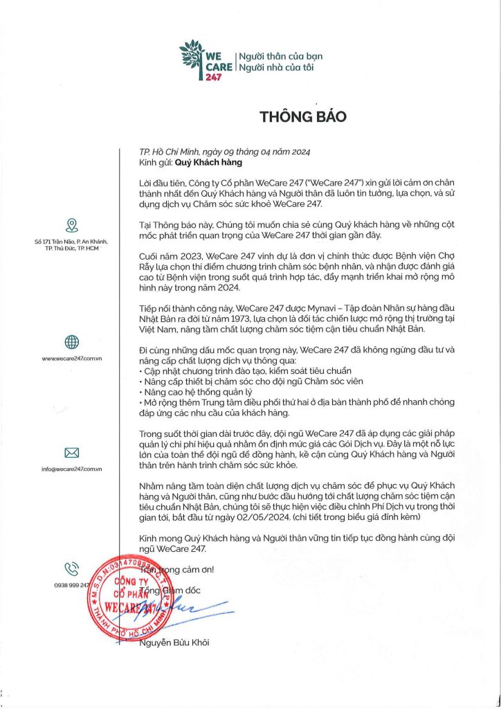 WeCare 247 thay đổi biểu giá dịch vụ chăm sóc sức khỏe cá nhân.