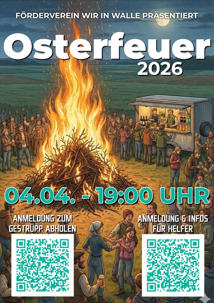 Blick auf ein gut besuchtes Osterfeuer, Leute haben Spaß und unterhalten sich rund um das Feuer. Im Hintergrund sieht man einen Wagen zum Ausschank von Getränken sowie Felder.